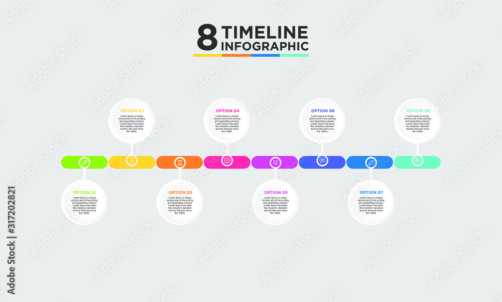 8 step timeline infographic element. Business concept with eight options and number, steps or processes. data visualization. Vector illustration.