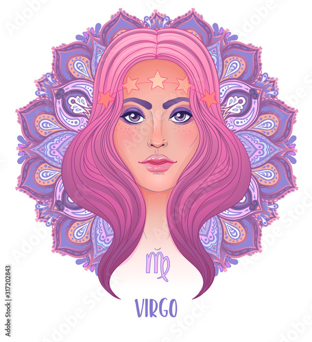 Drawing of Virgo astrological sign as a beautiful girl over ornate mandala pattern. Zodiac vector illustration isolated on white. Future telling, horoscope, alchemy, spirituality, fashion woman.