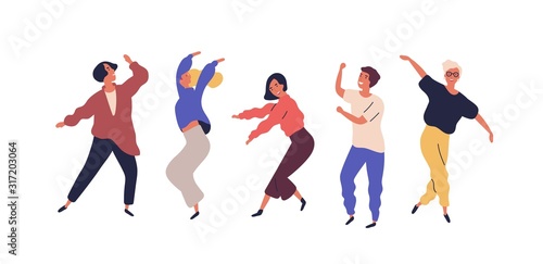 Set of dancing people having fun isolated on white background. Collection of smiling male and female in colorful clothing enjoying dance party. Cartoon dancers vector flat illustration