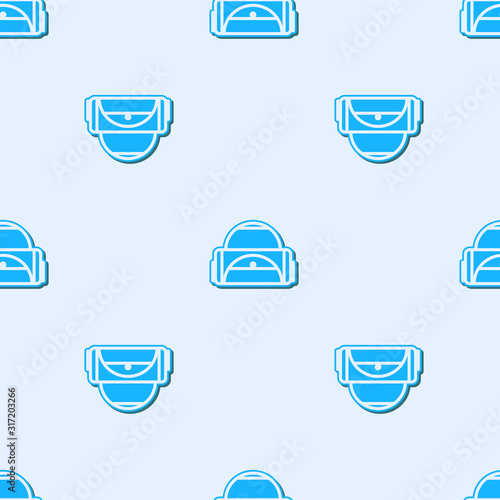 Blue line Sport bag icon isolated seamless pattern on grey background. Vector Illustration
