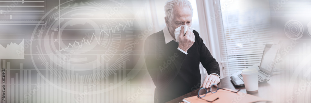Senior businessman blowing his nose; panoramic banner - obrazy, fototapety, plakaty 