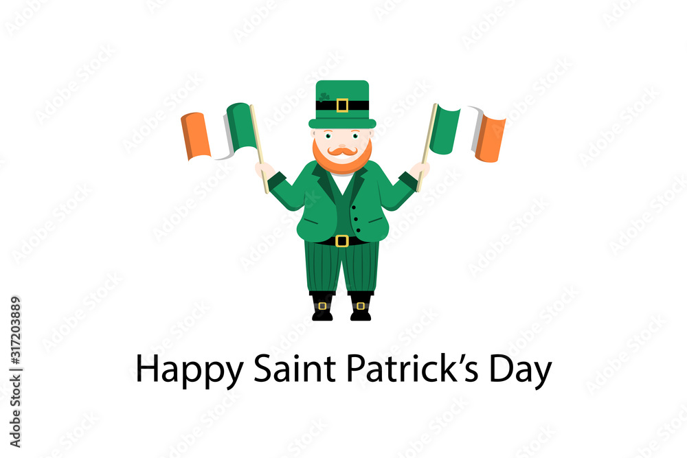 Leprechaun stands waving irish flags in his hands. Traditional national character of Irish folklore. Isolated on white background with a compliment below. Greeting card design Leprechaun stands waving irish flags in his hands. Traditional national character of Irish folklore. Isolated on white background with a compliment below. Greeting card design