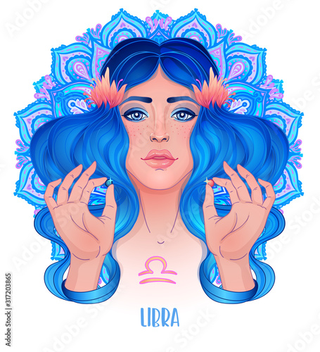 Drawing of Libra astrological sign as a beautiful girl over ornate mandala pattern. Zodiac vector illustration isolated on white. Future telling, horoscope, alchemy, spirituality, fashion woman.