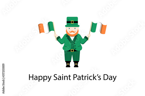 Leprechaun stands waving irish flags in his hands. Traditional national character of Irish folklore. Isolated on white background with a compliment below. Greeting card design