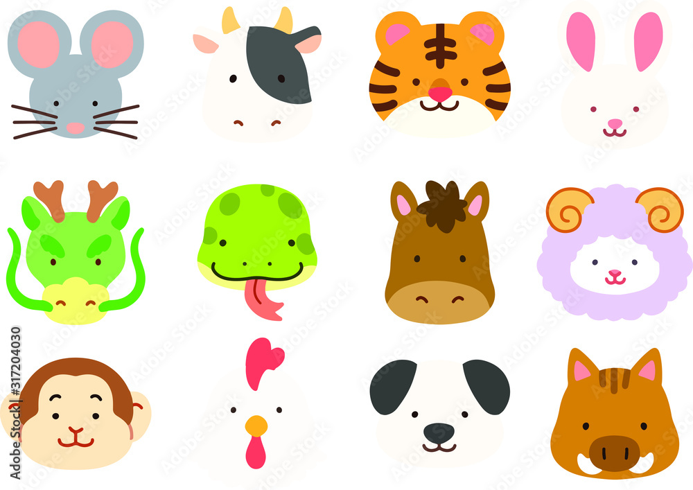 Obraz premium Set of flat colored Chinese zodiac animals