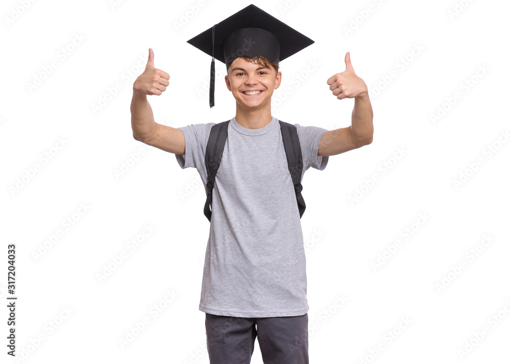 Young graduate student Happy teen boy in bachelor hat with