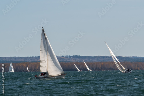 Several yachts go on water in strong winds.