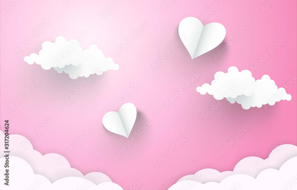 Template for valentines day card with clouds and hearts. Vector image in paper cut style.
