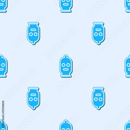 Blue line Balaclava icon isolated seamless pattern on grey background. A piece of clothing for winter sports or a mask for a criminal or a thief. Vector Illustration