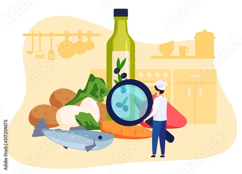 Restaurant chef looking at ingredients of meal recipe, vector illustration