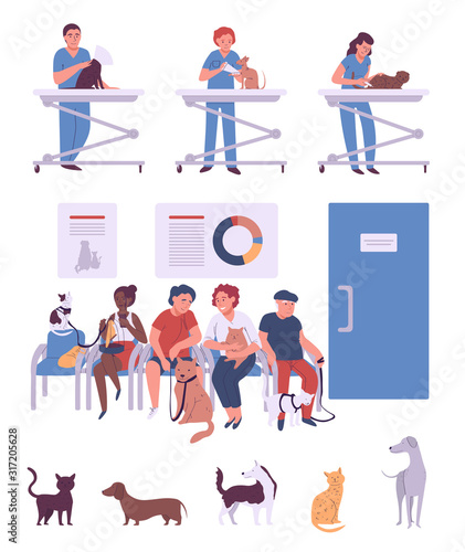 People with pets in veterinary clinic, cartoon characters vector illustration
