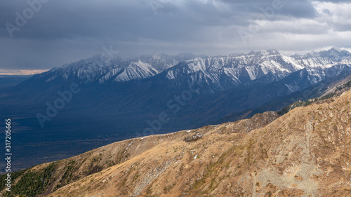 Panorama of a mountain range in the eastern Sayan mountains