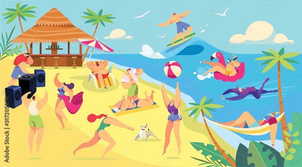 Summer vacation beach activities, cartoon characters people vector illustration