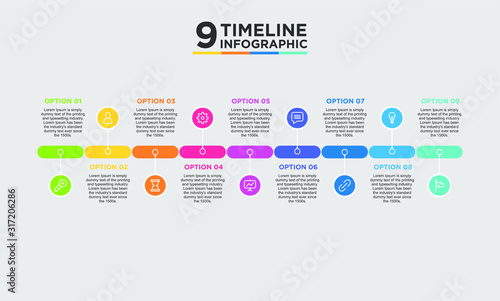 9 step timeline infographic element. Business concept with nine options and number, steps or processes. data visualization. Vector illustration.