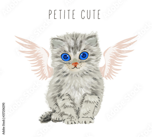 Little cute kitten in the form of an angel. For greeting cards and design.