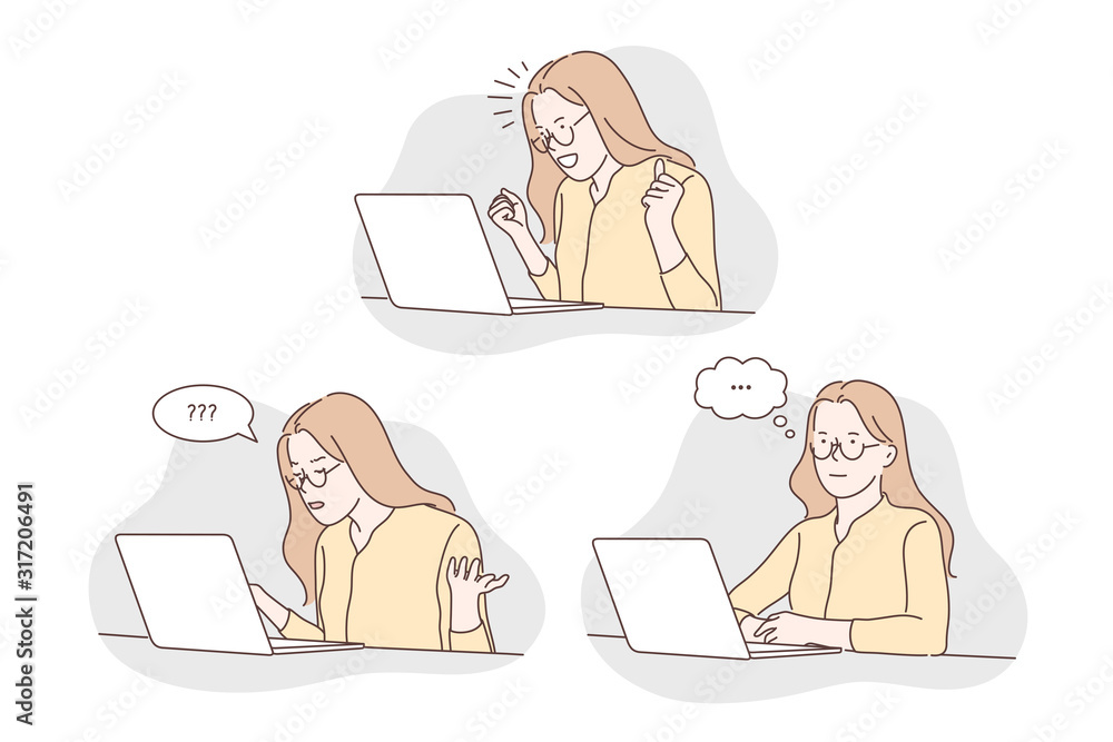 Question, thinking, success set concept. Young successful woman has question while working on laptop. Freelancer is thinking about her work. Girl communicates in social media. Simple flat vector Question, thinking, success set concept. Young successful woman has question while working on laptop. Freelancer is thinking about her work. Girl communicates in social media. Simple flat vector
