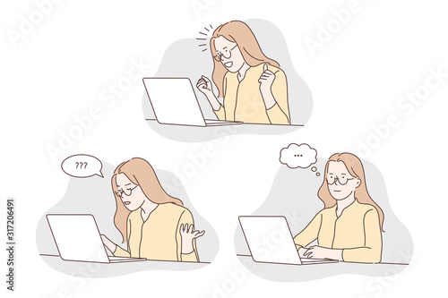 Question, thinking, success set concept. Young successful woman has question while working on laptop. Freelancer is thinking about her work. Girl communicates in social media. Simple flat vector
