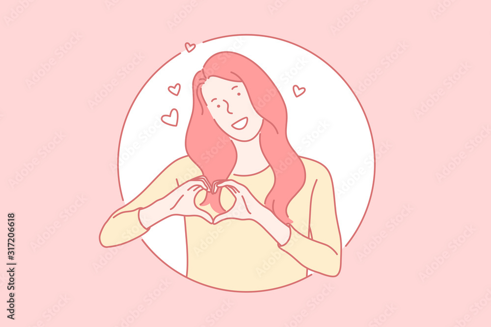Girls showing heart with hands concept. Hands gesturing, love sign, relationships, Valentines day celebration, romantic feelings expression, tenderness, happiness. Simple flat vector Girls showing heart with hands concept. Hands gesturing, love sign, relationships, Valentines day celebration, romantic feelings expression, tenderness, happiness. Simple flat vector