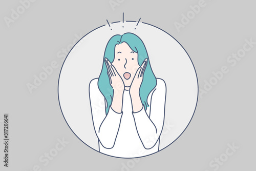 Surprised girl concept. Shocked, amazed, astonished young woman with blue hair, putting hands on her cheeks and opened mouth, face expression, emotions, wondering. Simple flat vector