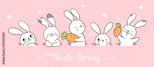 Leinwand Poster Draw white bunny on pink pastel for spring season.