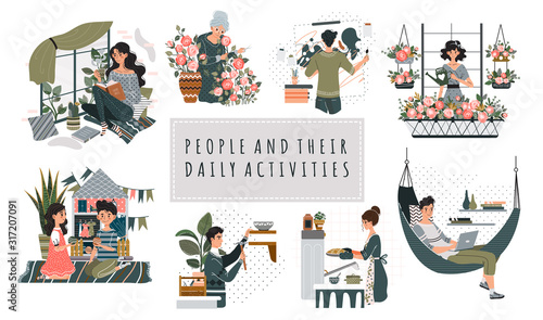 Everyday hobby activity, cartoon people characters vector illustration