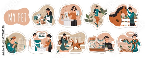 Pet owners cartoon characters, vector illustration. Men and women spending time with animals, people taking care of dog, cat, horse and bird. Dog grooming and pet shelter animals