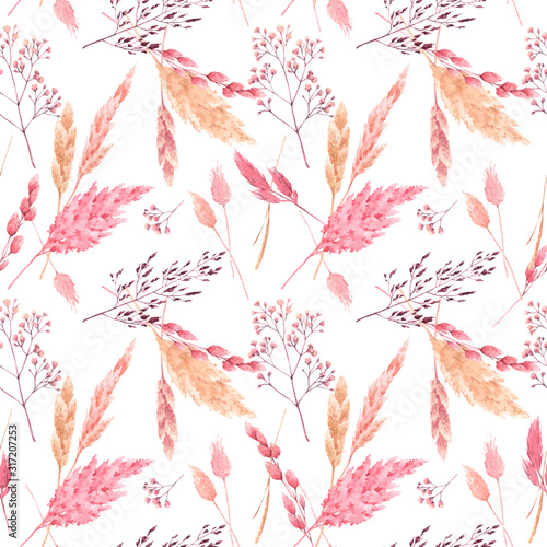 Beautiful vector seamless pattern with watercolor herbarium wild dried grass in pink and yellow colors. Stock illustration.