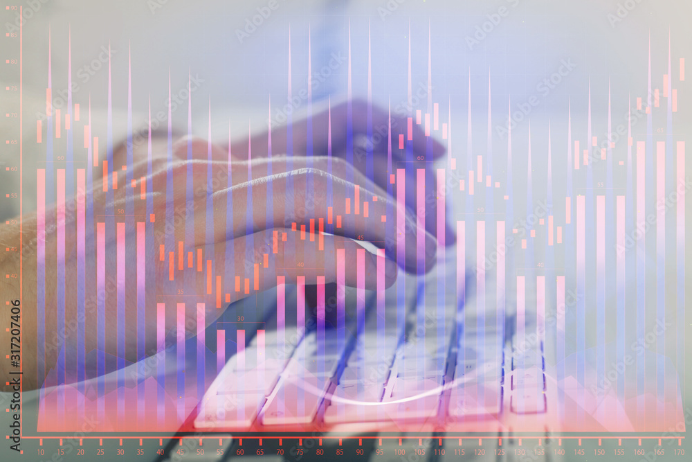 Double exposure of graph with man typing on computer in office on background. Concept of hard work. Closeup. Double exposure of graph with man typing on computer in office on background. Concept of hard work. Closeup.