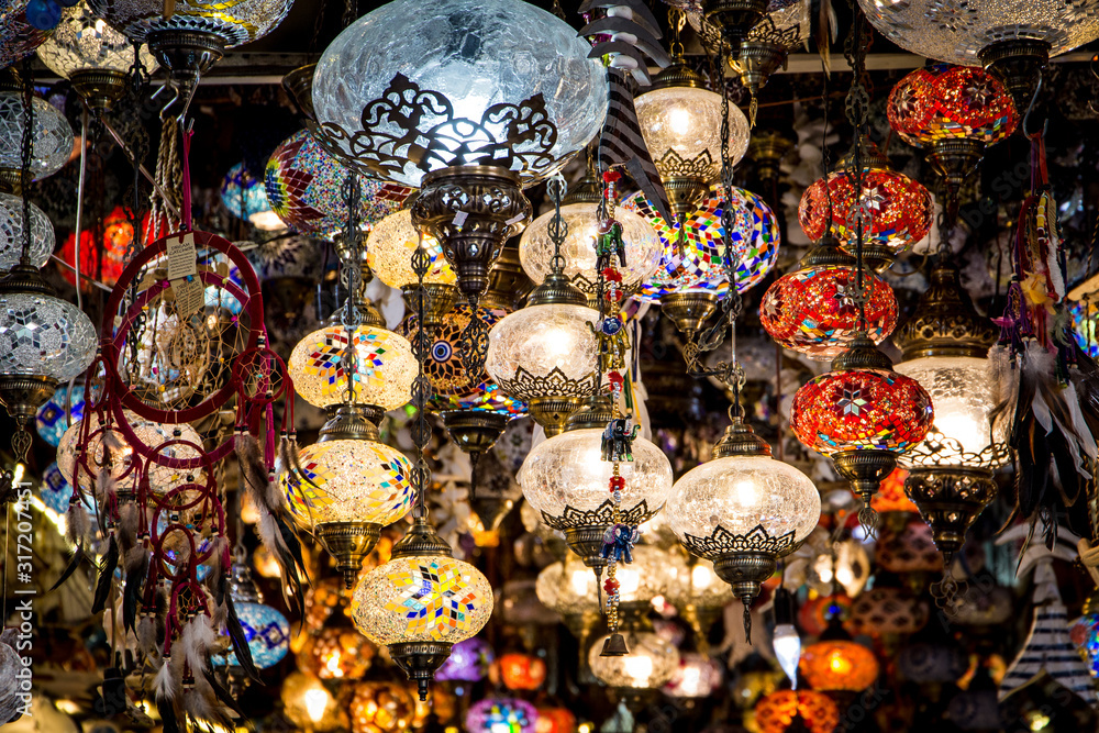 A bunch of turkish lamps at one of many Kemer gift shops. Antalya, Turkey.