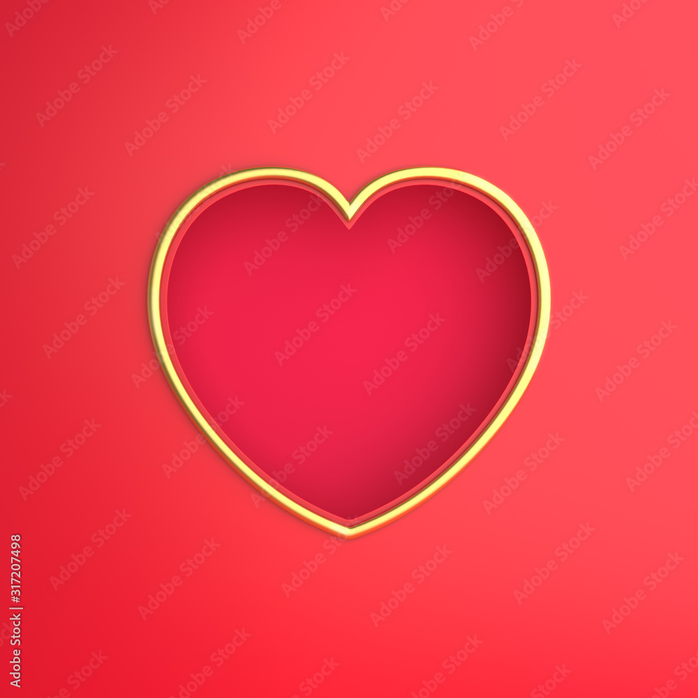 Happy Valentines Day,  red gold window frame heart shape paper cut background. Greeting card, flat lay, banner, top view, mock up, template, layout, copy space text area. 3D rendering illustration.