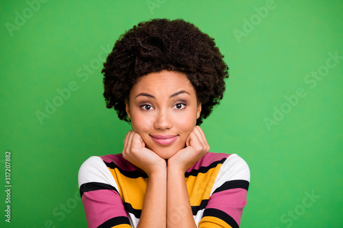 Close up photo of charming cute sweet afro american girl feel thankful about her autumn fall weekends wear good look outfit isolated over vivid color background