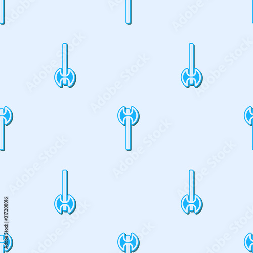 Blue line Medieval axe icon isolated seamless pattern on grey background. Battle axe, executioner axe. Medieval weapon. Vector Illustration
