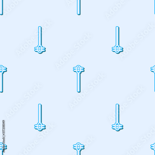 Blue line Medieval chained mace ball icon isolated seamless pattern on grey background. Medieval weapon. Vector Illustration