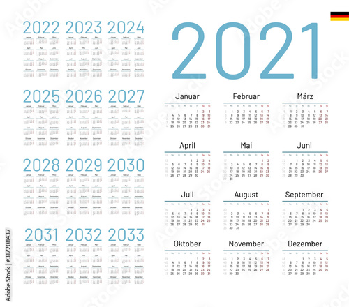 German Calendar for 2021. Week starts on Monday