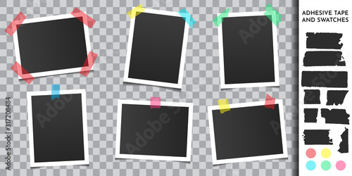 Set of photo frame with adhesive tape. Photography template with color strip. Realistic mock up. Design elements for album, poster, banner, cover, gift card, web template. Vintage art. Retro picture