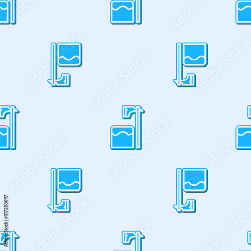Blue line Executioner axe in tree block icon isolated seamless pattern on grey background. Hangman, torturer, executor, tormentor, butcher, headsman. Vector Illustration