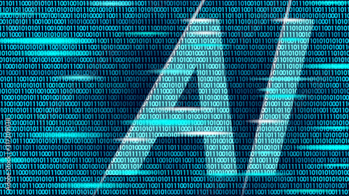 AI artificial intelligence letters on code data flow. Virtual assistant app geometric symbol support service technology. Binary number chatbot logo information line vector illustration