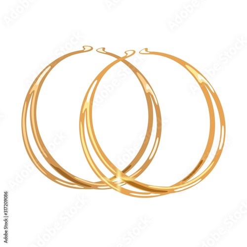 Stylish double hoops or rings yellow gold earrings or earclips. Elegant accessories vector realistic illustration isolated on white for fashion, jewelry, bijouterie shop, store, showcase, website.