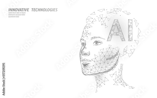 AI artificial intelligence robot support 3D. Virtual assistant voice recognition service technology. Chatbot beautiful female face low poly vector illustration