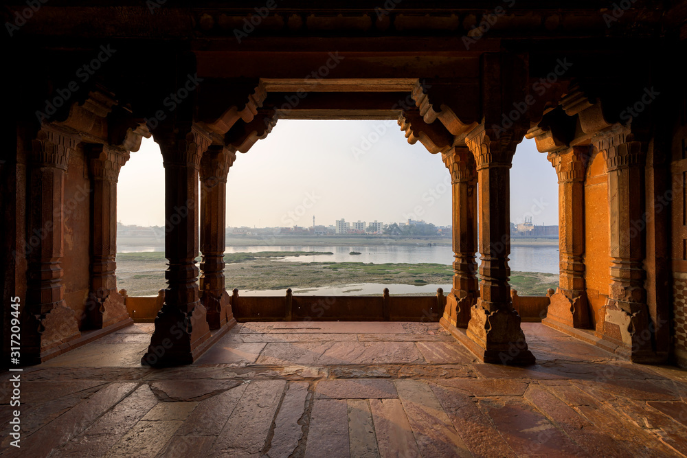 Beautiful Yamuna river view from Tomb of Etmaduddaula in the city of Agra in the Indian state of Uttar Pradesh.