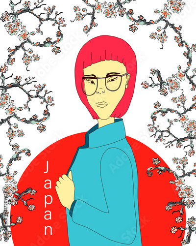 Photography illustration of a Japanese girl against the background of the red sun and cherry trees