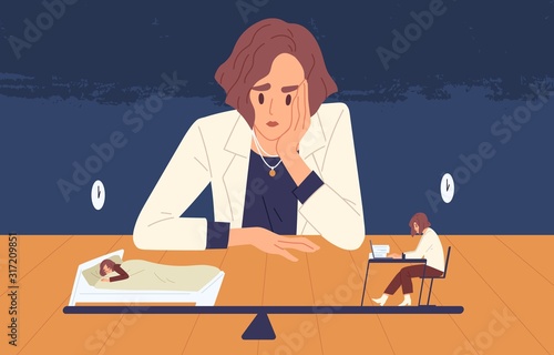 Tired business woman choice between health and side job vector illustration. Female cartoon office worker looking on tiny people choosing life and work. Balance between income and rest concept