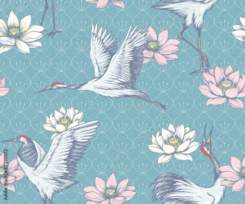 seamless pattern with japanese cranes and lotuses