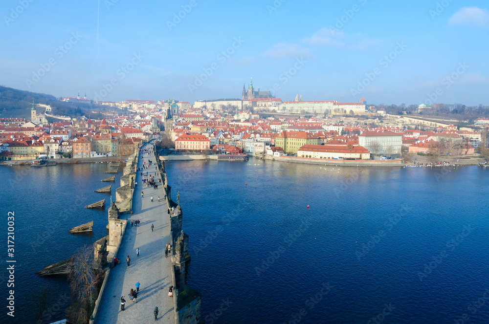 Beautiful top view of Charles Bridge, embankment of Vltava river, Kampa island, Prague Castle, Czech Republic