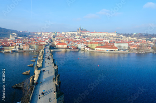 Beautiful top view of Charles Bridge, embankment of Vltava river, Kampa island, Prague Castle, Czech Republic