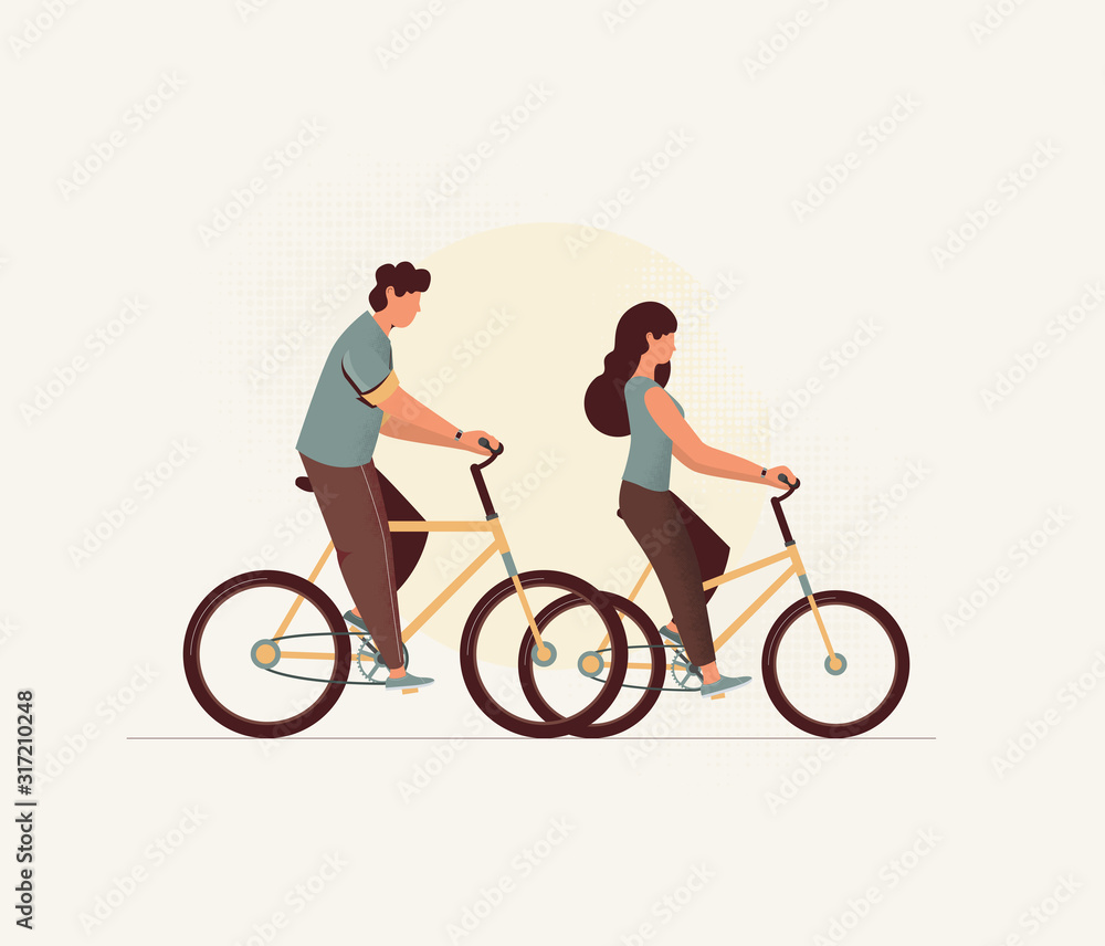 Flat style people riding a bicycle. Vector illustration