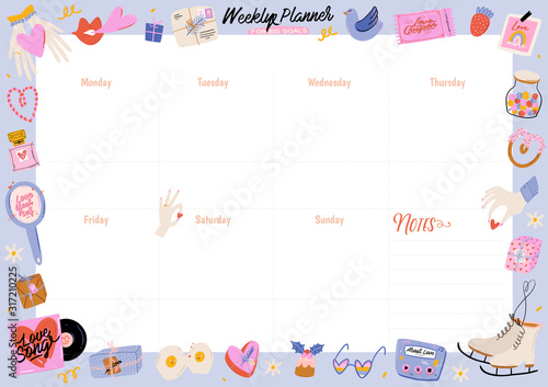 Collection of weekly or daily planner, note paper, to do list, stickers templates decorated by cute love illustrations and inspirational quote. School scheduler and organizer. Flat vector