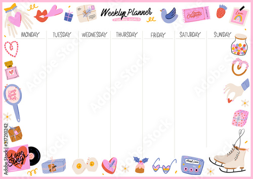 Collection of weekly or daily planner, note paper, to do list, stickers templates decorated by cute love illustrations and inspirational quote. School scheduler and organizer. Flat vector