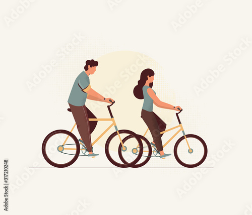 Flat style people riding a bicycle. Vector illustration