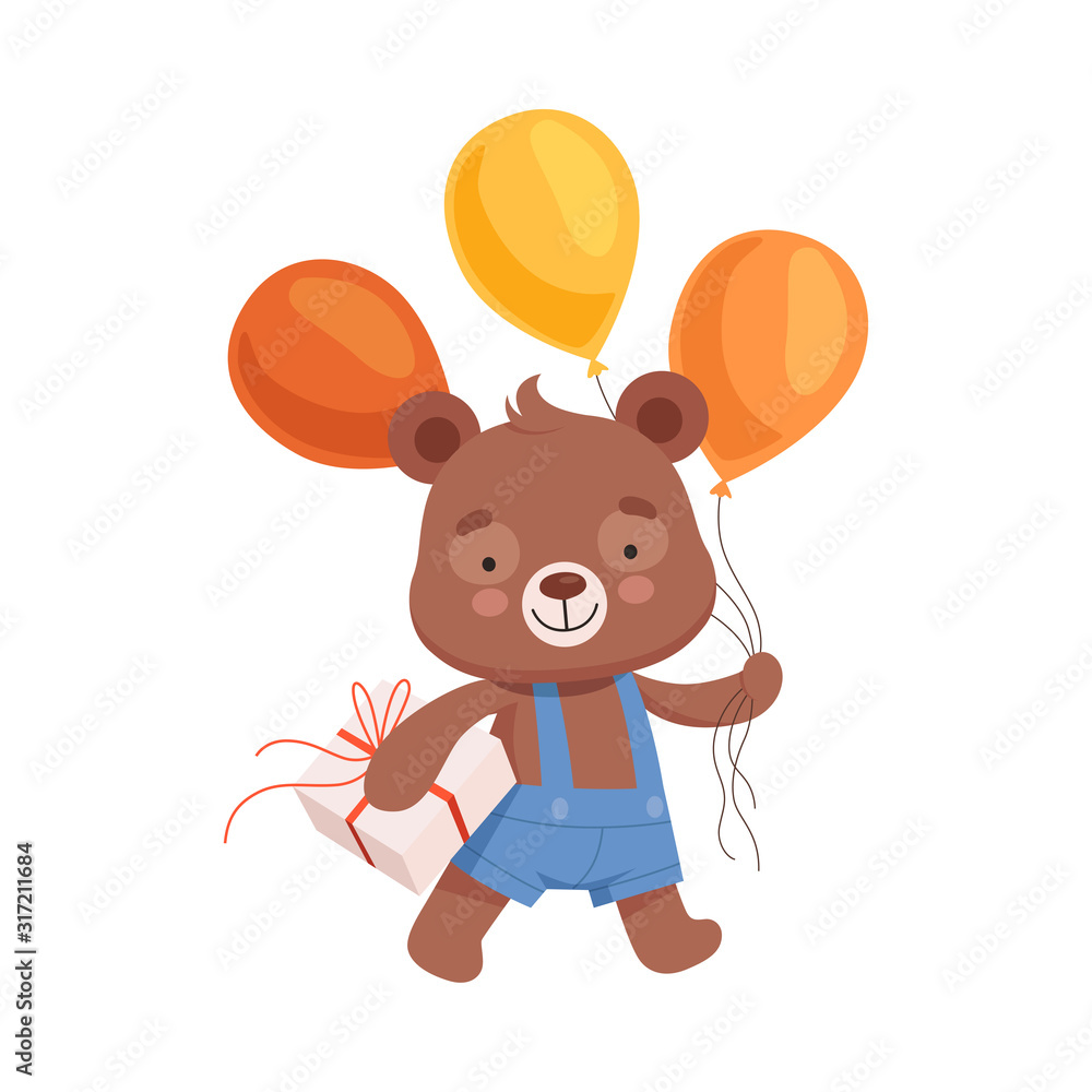 Obraz premium Smiling Bear Character in Playsuit Carrying Bunch of Balloons and Gift Box to Birthday Party Vector Illustration